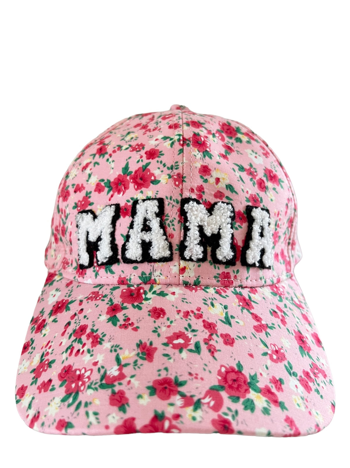 Floral pink baseball cap with "MAMA" in bold, textured lettering on the front.