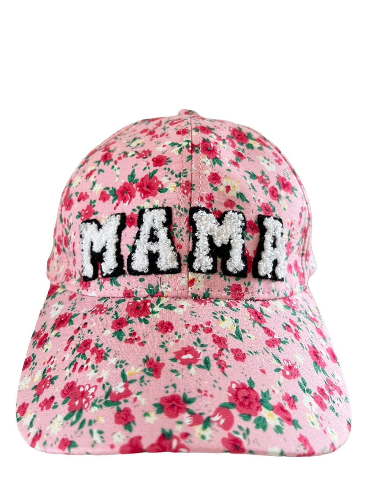 Floral pink baseball cap with "MAMA" in bold, textured lettering on the front.