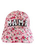 Floral pink baseball cap with "MAMA" in bold, textured lettering on the front.