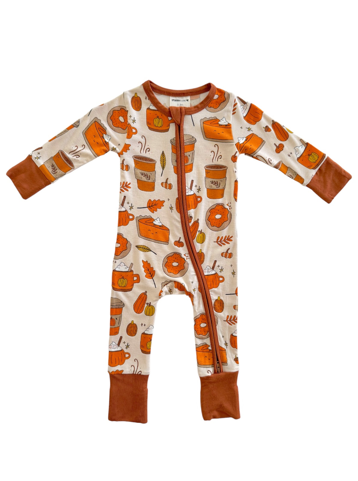 Infant onesie with autumn-themed prints of pumpkins, coffee cups, and leaves in warm colors.