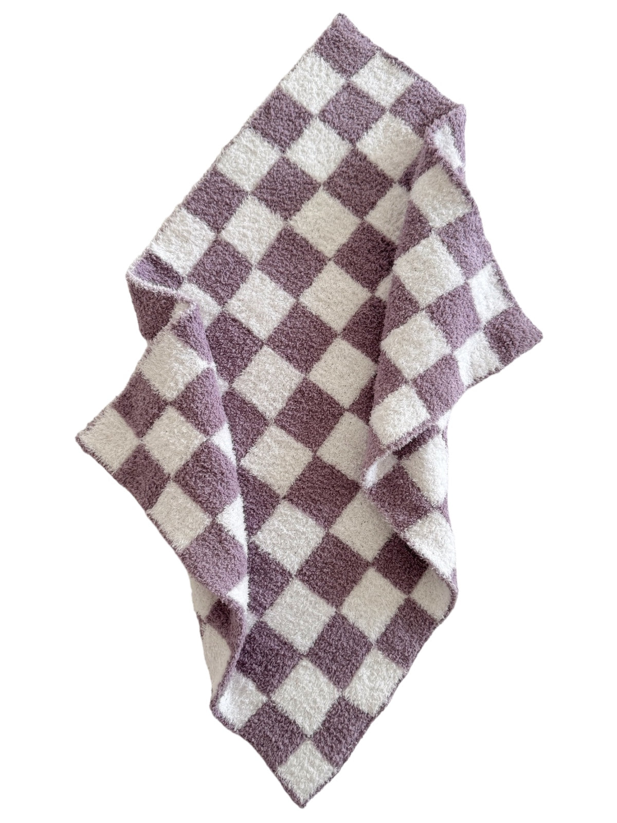 Soft checkered blanket in lavender and white, draped elegantly on a flat surface. Ideal for cozy interiors.