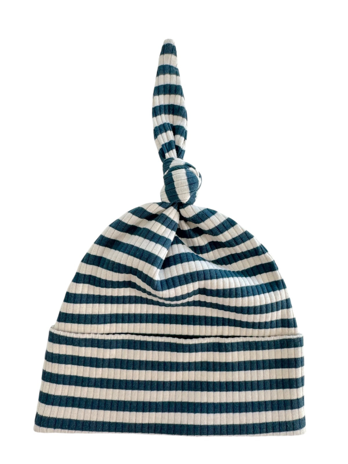 Striped knit hat with a knot on top, featuring alternating teal and white stripes.