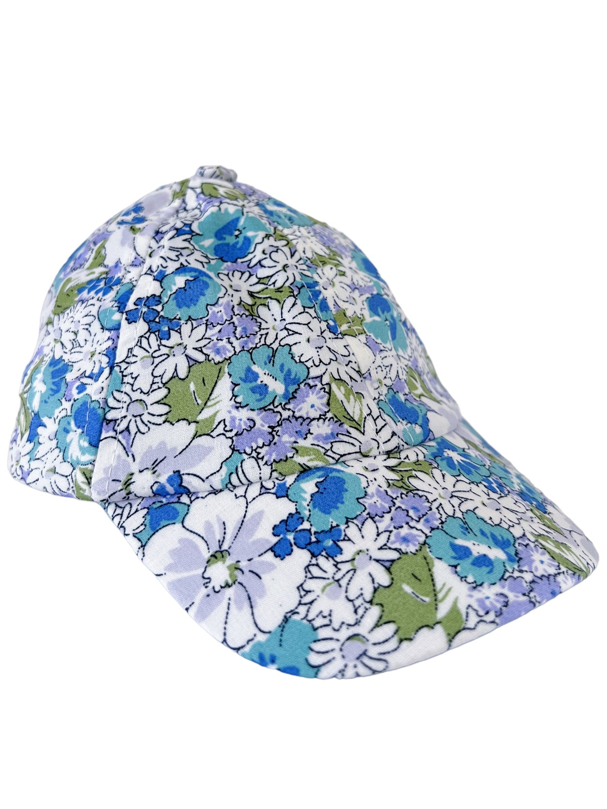 Colorful floral-patterned baseball cap featuring blue, green, and white flowers on a light background.