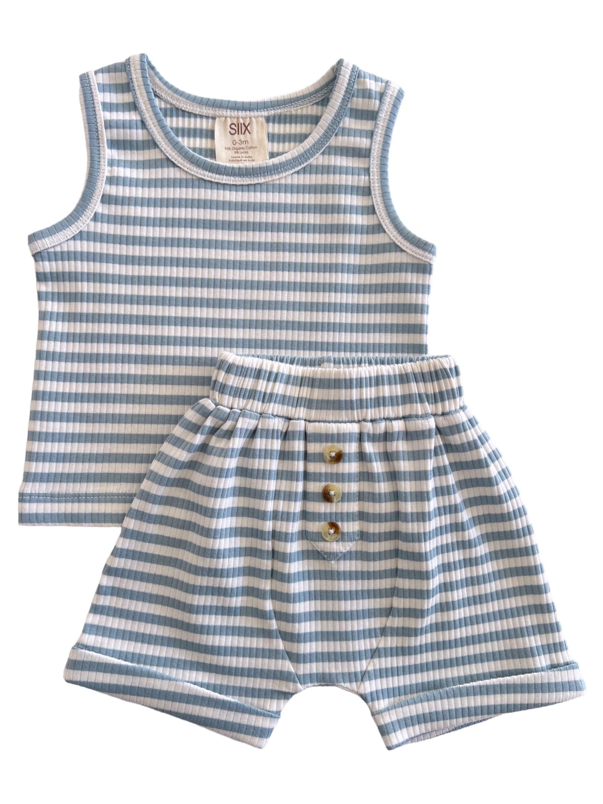 Light blue and white striped baby outfit featuring a sleeveless top and buttoned shorts. Perfect for warm weather.