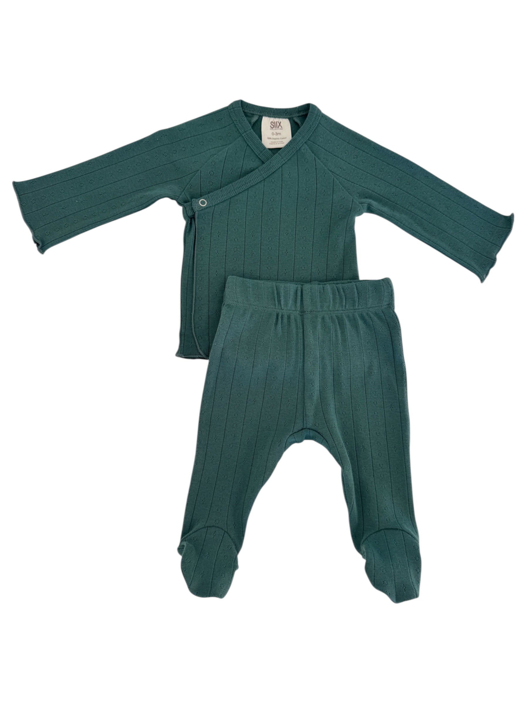 Teal baby outfit with long-sleeve top and pants featuring a ribbed texture.