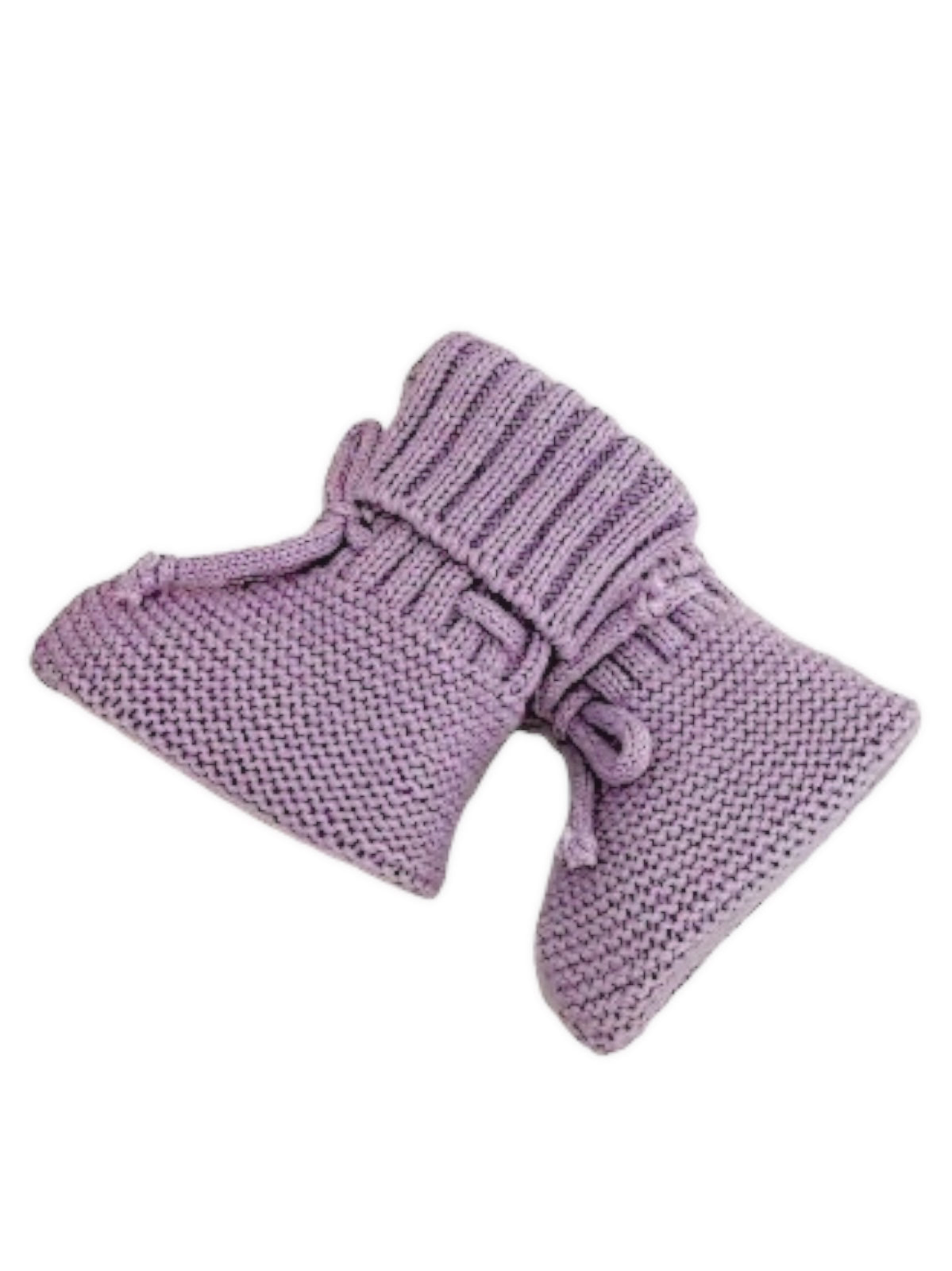 Purple knitted baby booties with a ribbed cuff and tie details.