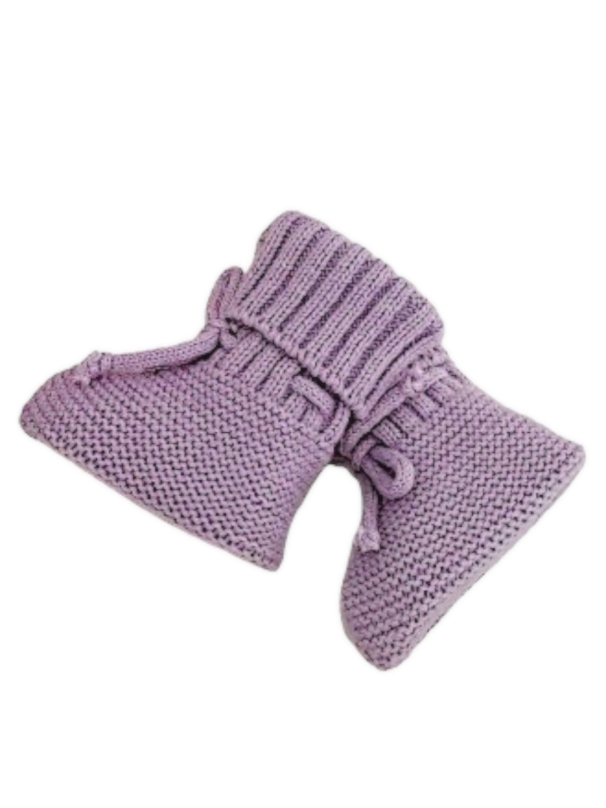 Purple knitted baby booties with a ribbed cuff and tie details.