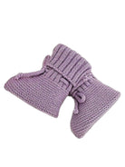 Purple knitted baby booties with a ribbed cuff and tie details.