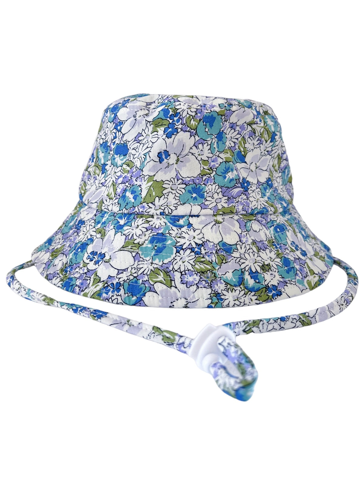 Floral patterned bucket hat in shades of blue and green with an adjustable strap. Ideal for sun protection.