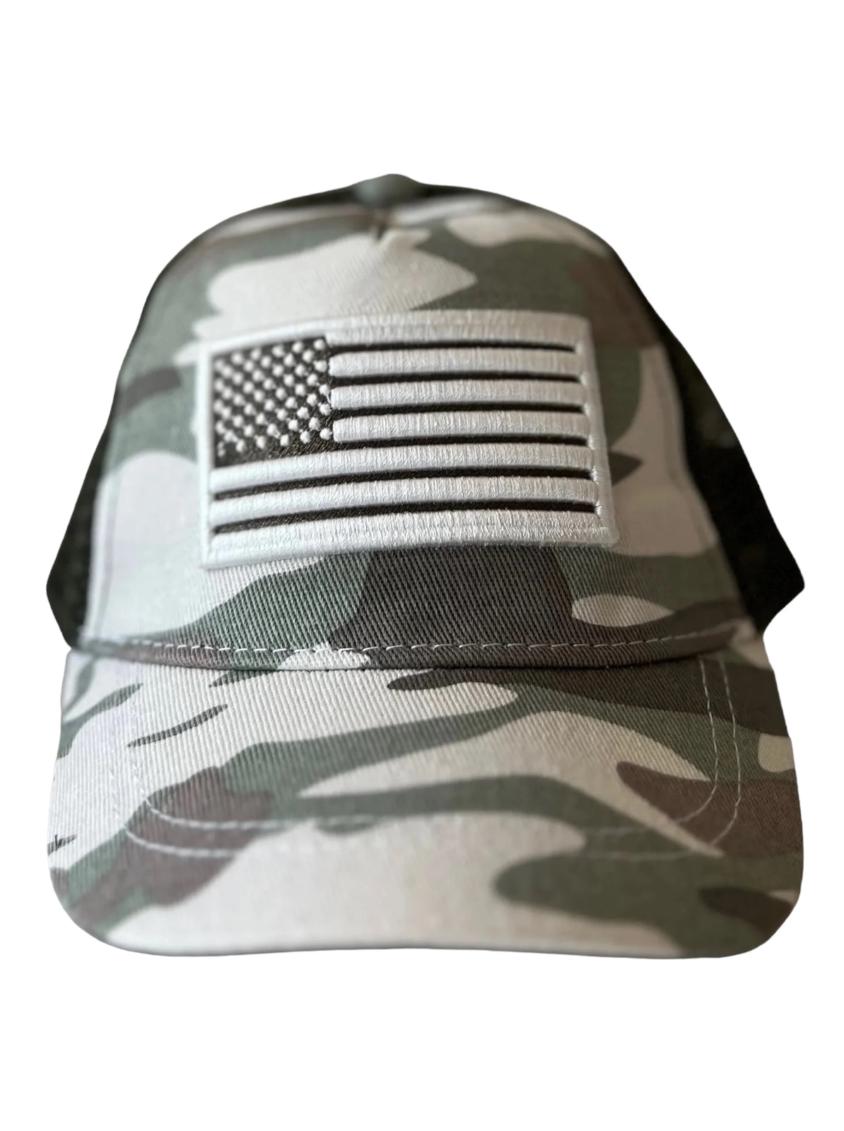 Camo baseball cap featuring a stitched American flag on the front.