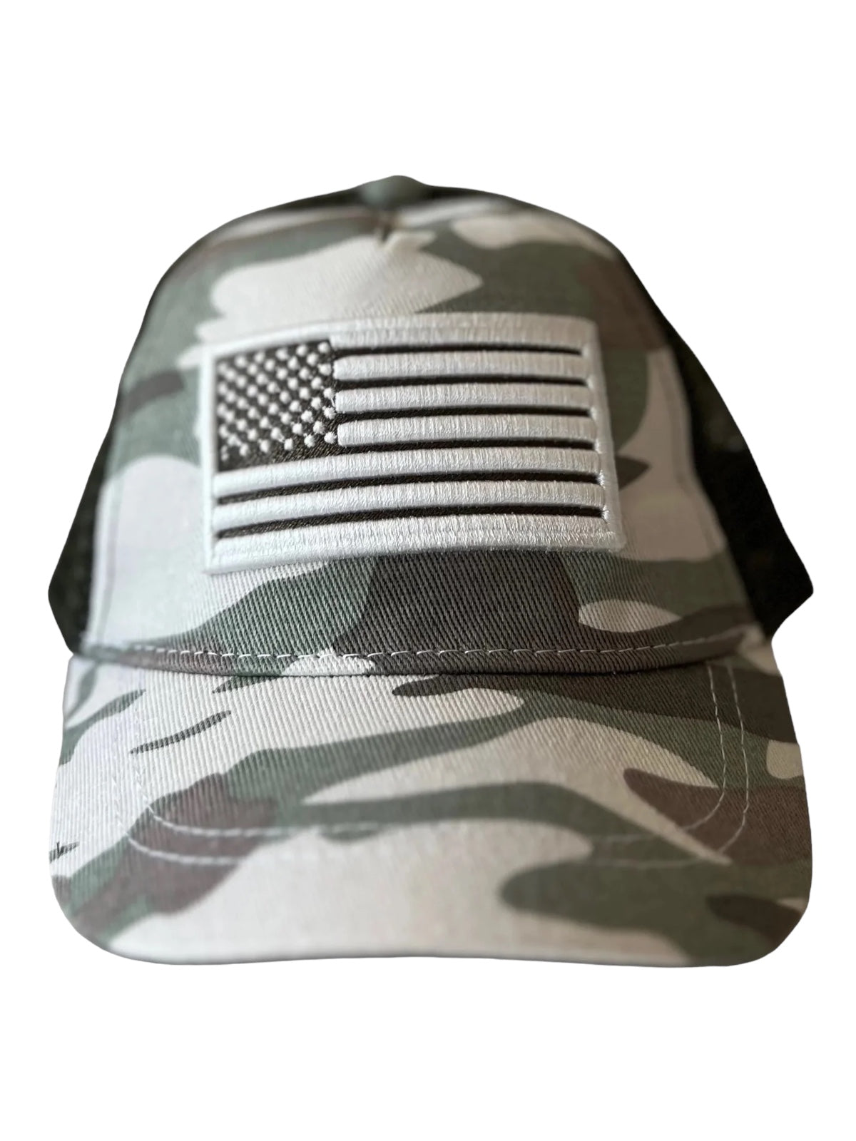 Camo baseball cap featuring a stitched American flag on the front.
