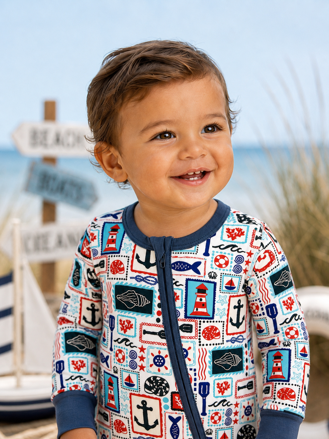 Smiling toddler in a colorful nautical-themed onesie, with beach and boat decor in the background.