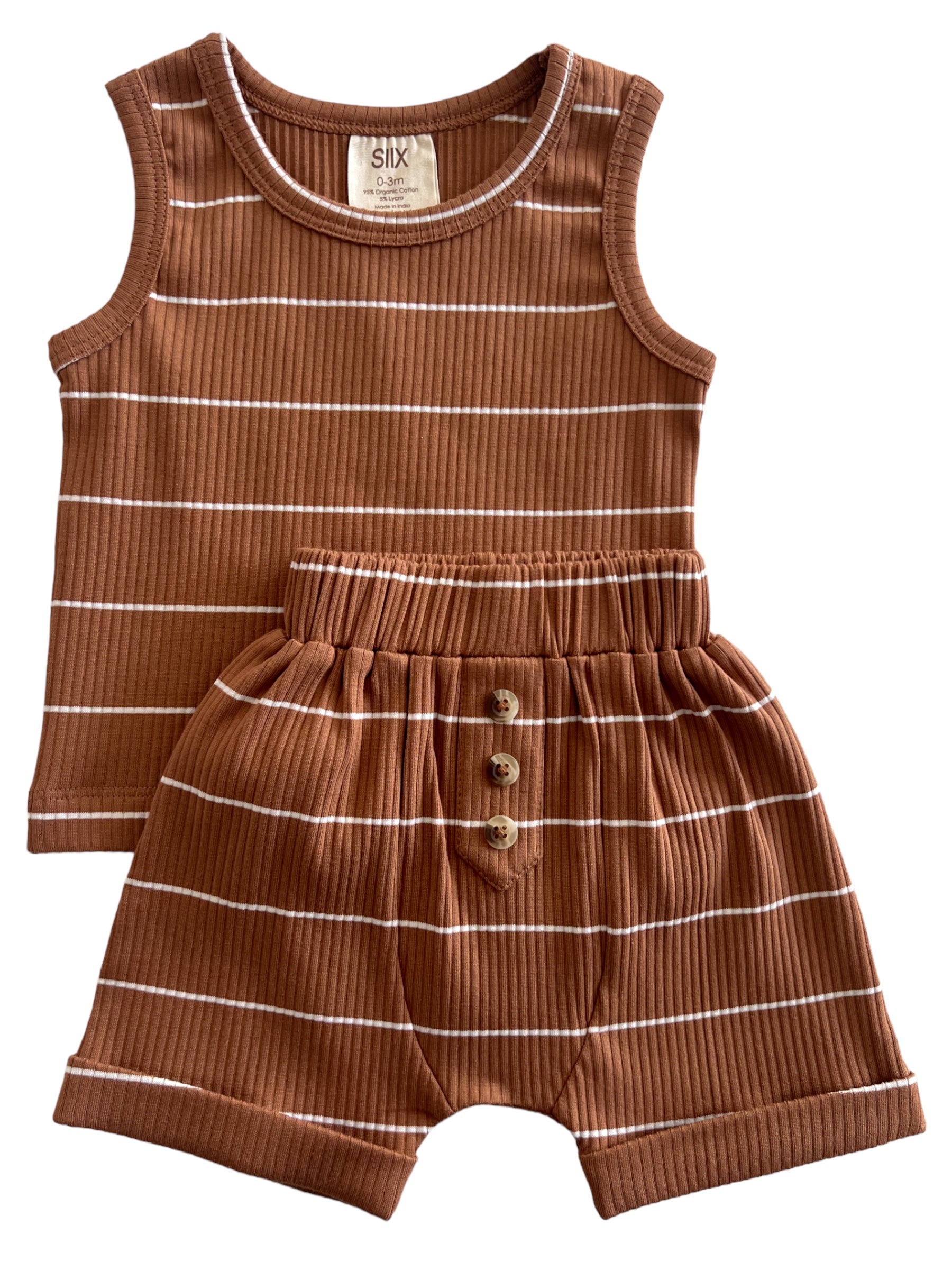 Brown striped toddler outfit featuring a sleeveless top and shorts with button detail.