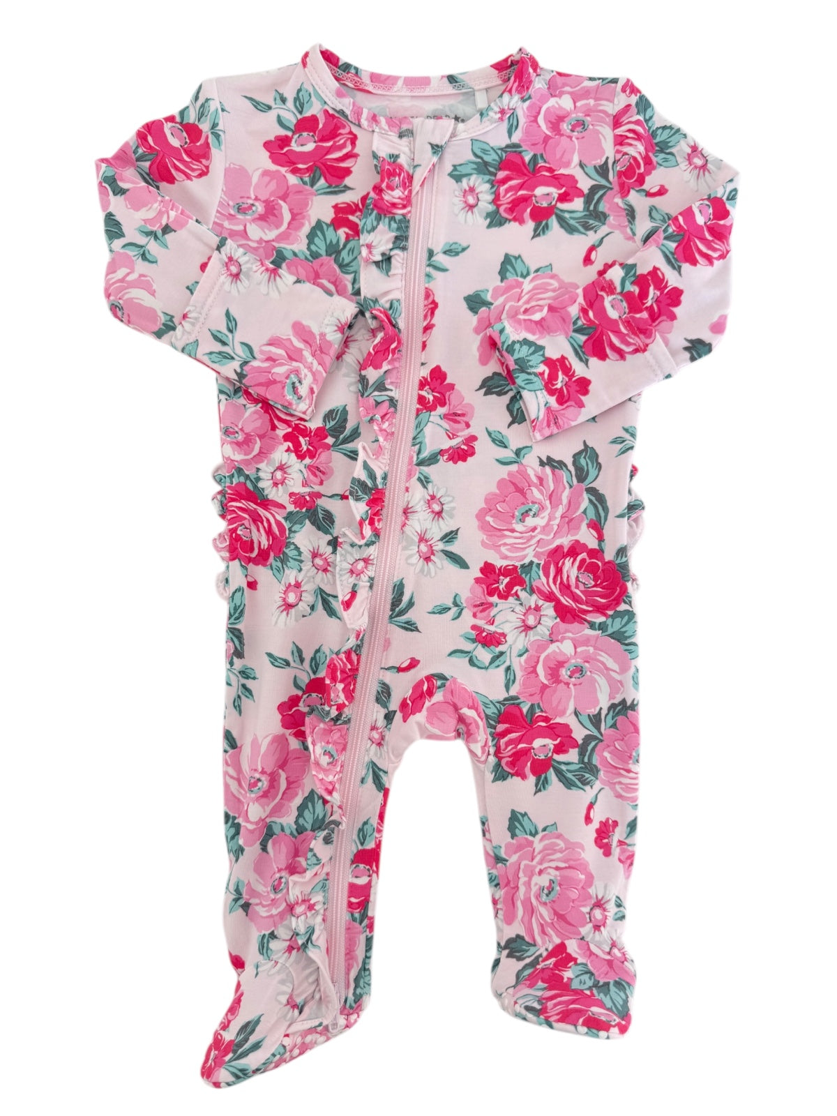 Floral infant onesie in pink and green, featuring a front zipper and long sleeves, perfect for baby wear.