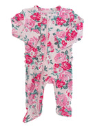 Floral infant onesie in pink and green, featuring a front zipper and long sleeves, perfect for baby wear.