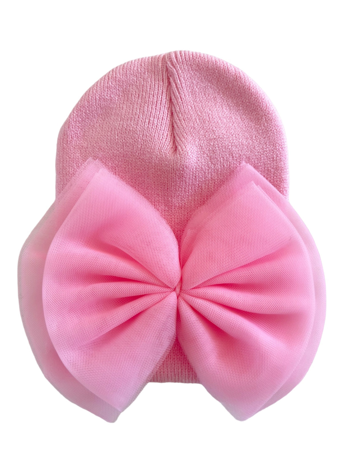 Pink beanie hat adorned with a large, soft, pink bow on the front.