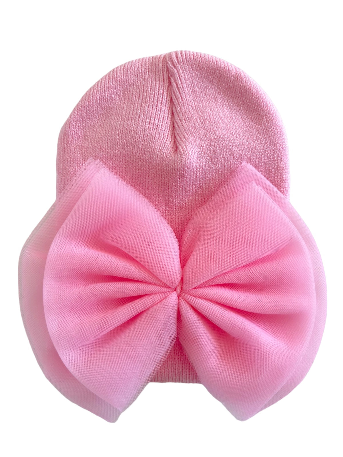 Pink beanie hat adorned with a large, soft, pink bow on the front.