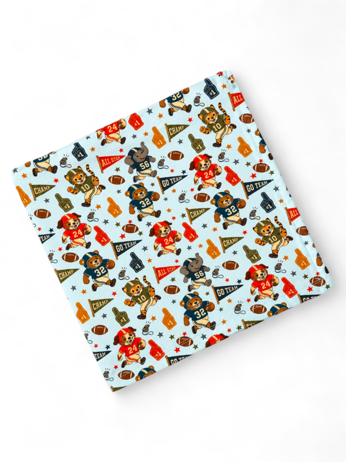 Patterned fabric featuring playful sports-themed cartoon animals and vibrant team colors. Perfect for kids' items.