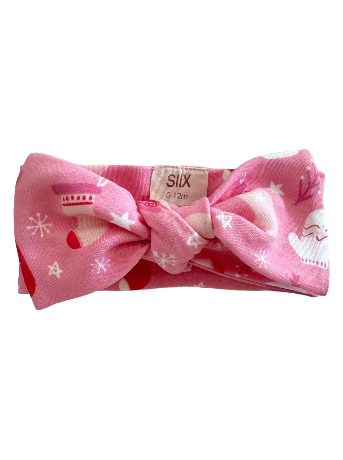 Pink baby headband with a bow, featuring winter-themed prints like mittens and snowflakes. Suitable for 0-12 months.
