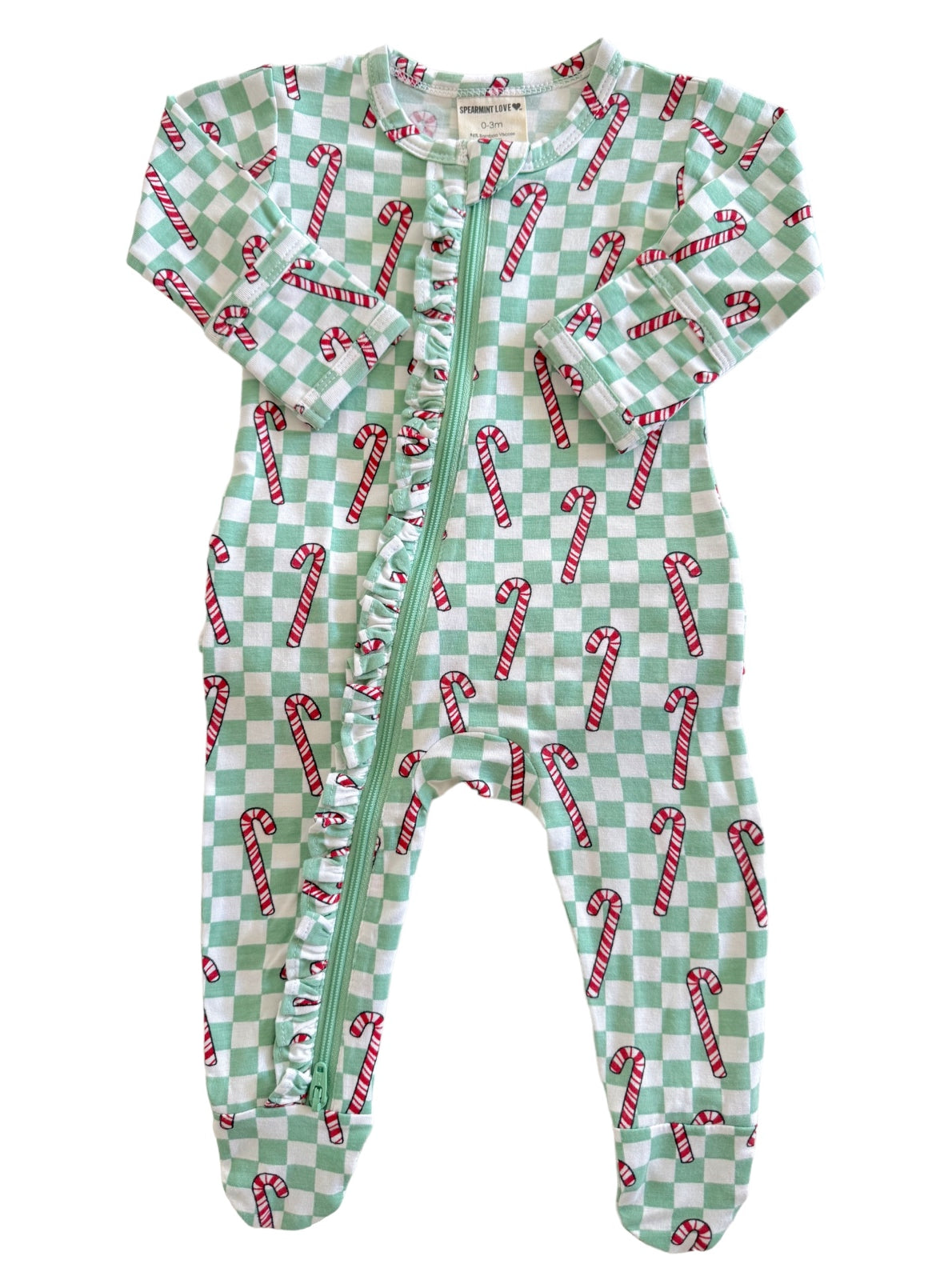 Green checkered baby onesie with candy cane print and ruffled zip front, sized 0-3 months.