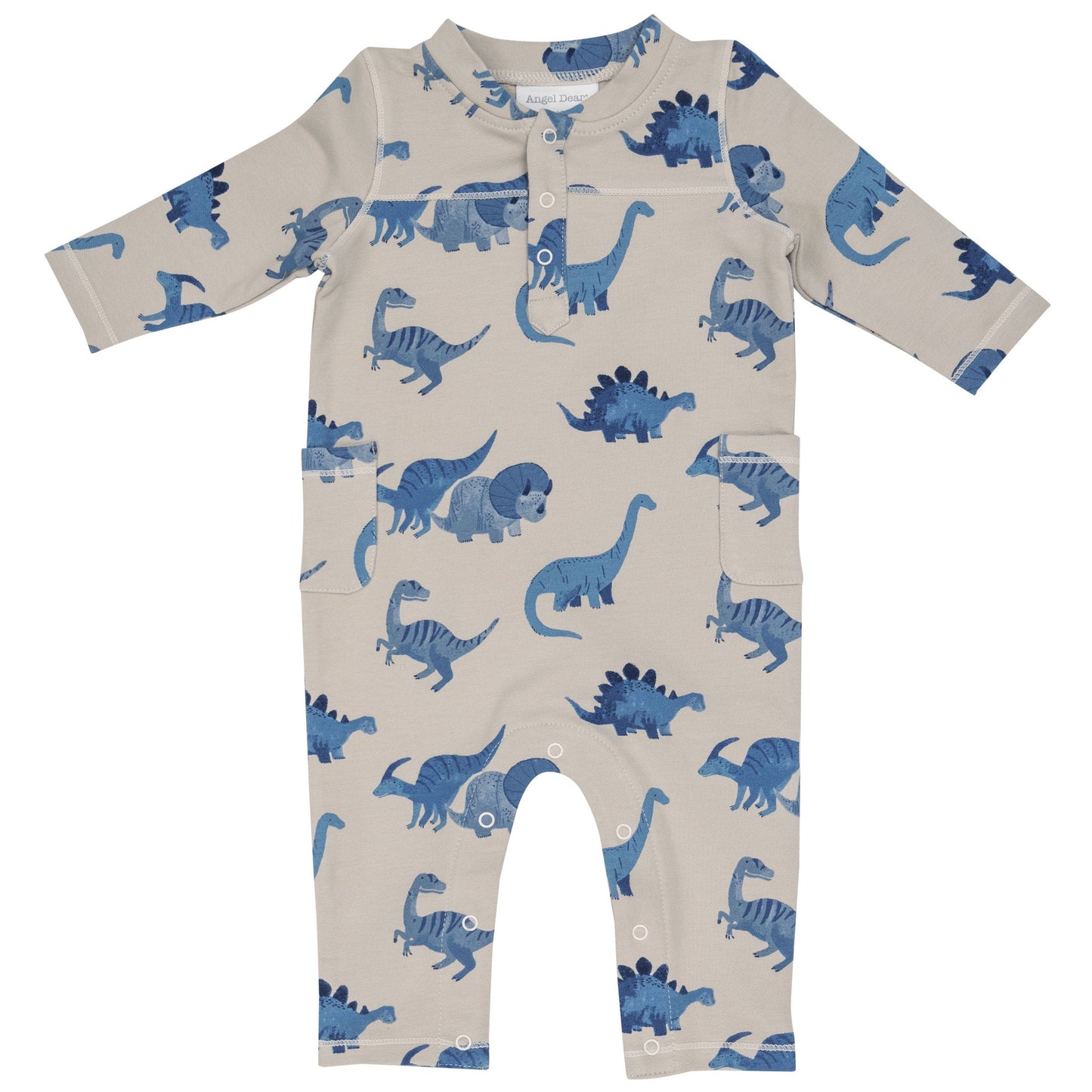 French Terry Henley Romper, Blue Dinos