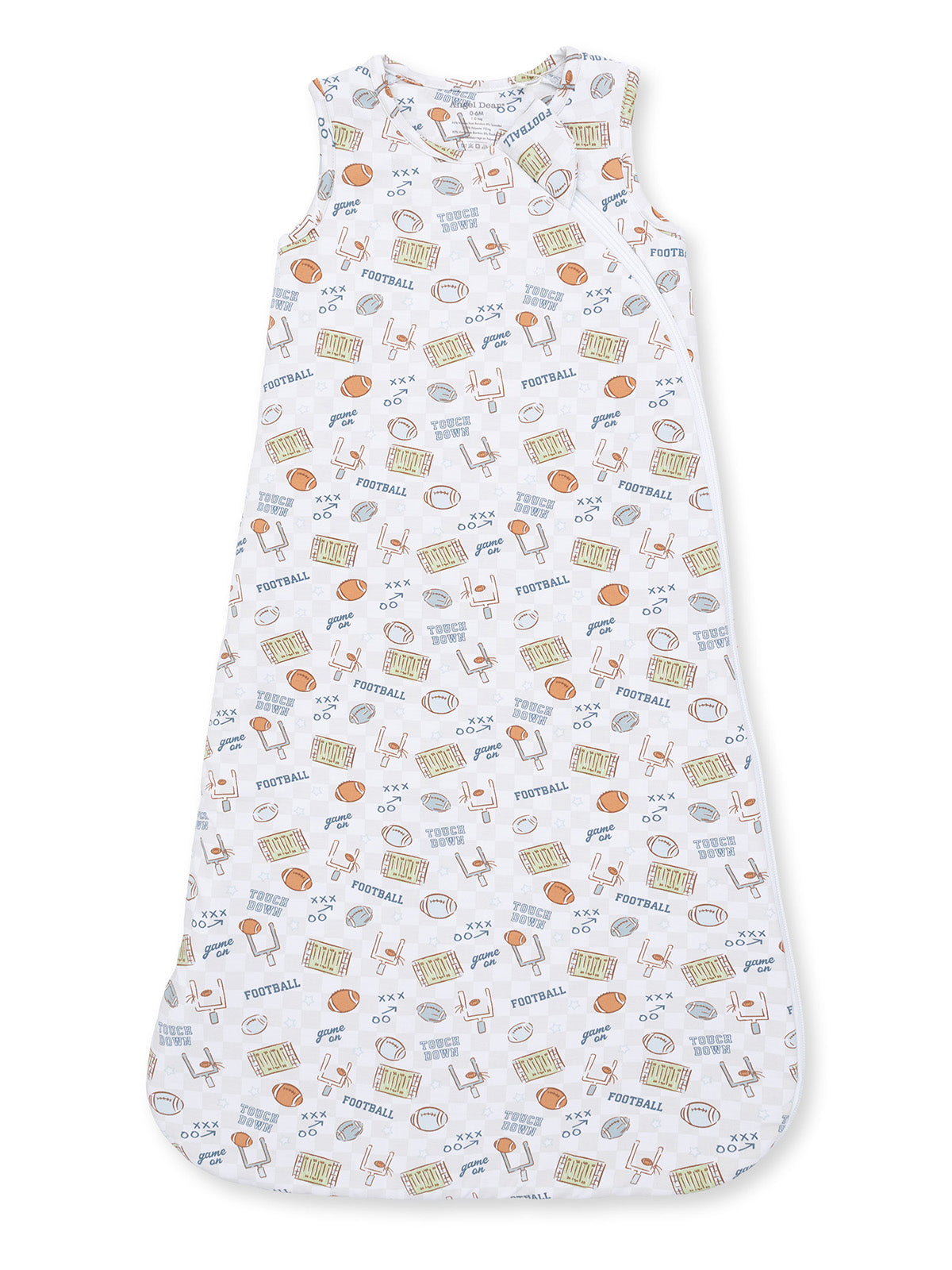Toddler sleep sack with football and sports-themed print in white, featuring playful graphics and sleeveless design.