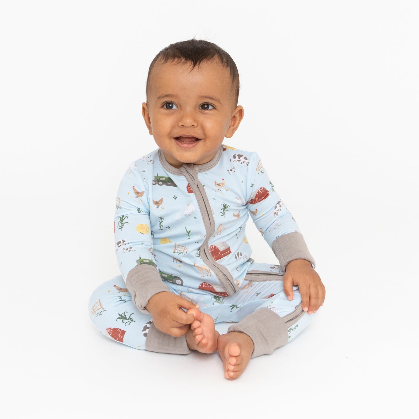 2-Way Zip Romper, Big Red Barn Blue