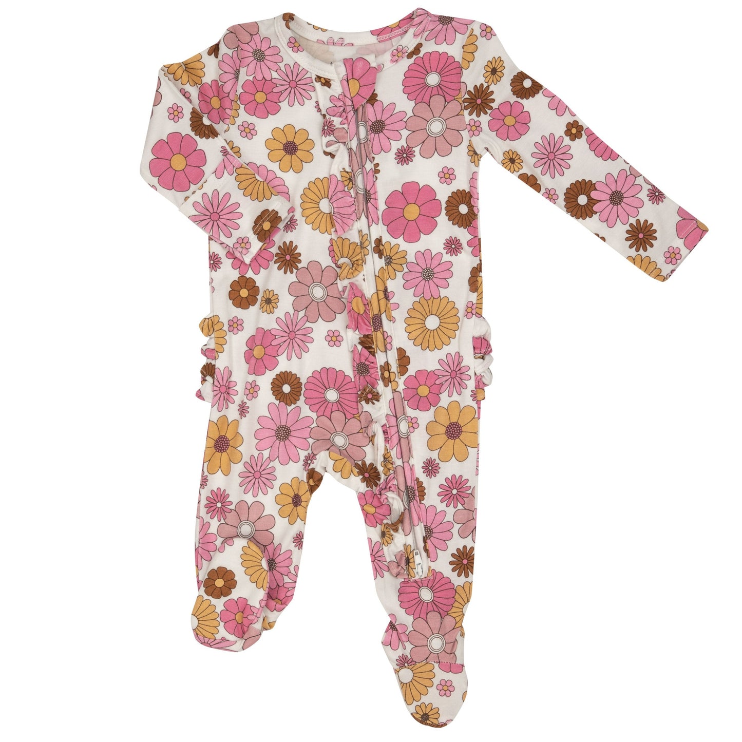 2-Way Zip Ruffle Footie, Pink Retro Floral
