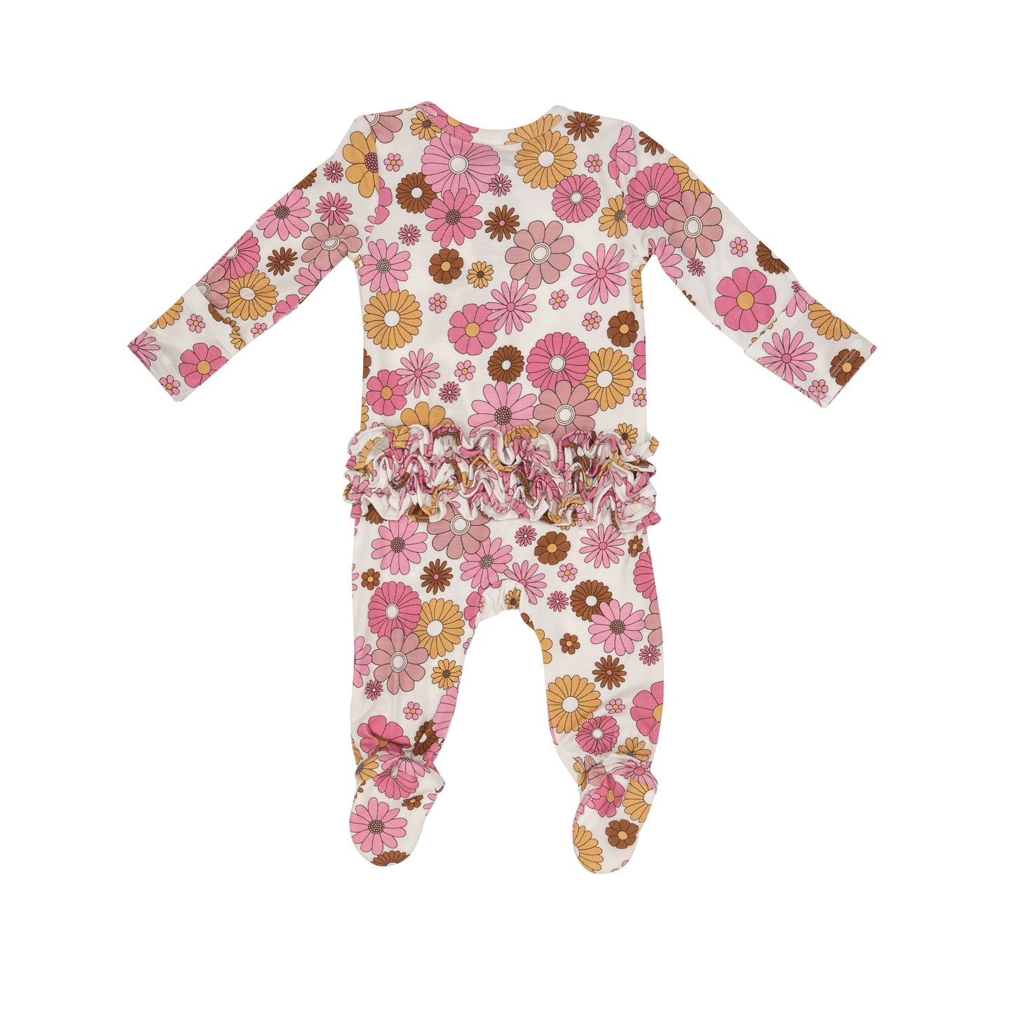 2-Way Zip Ruffle Footie, Pink Retro Floral