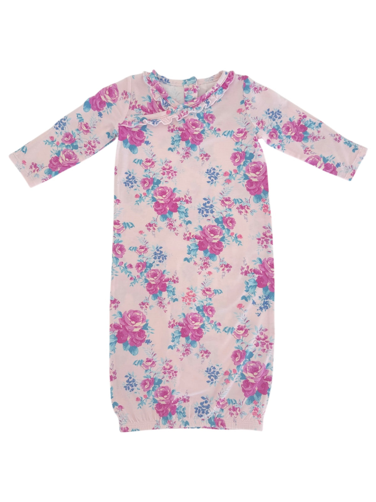 Floral pattern nightgown in pink, featuring long sleeves and ruffle neckline detail.