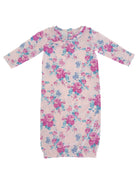 Floral pattern nightgown in pink, featuring long sleeves and ruffle neckline detail.