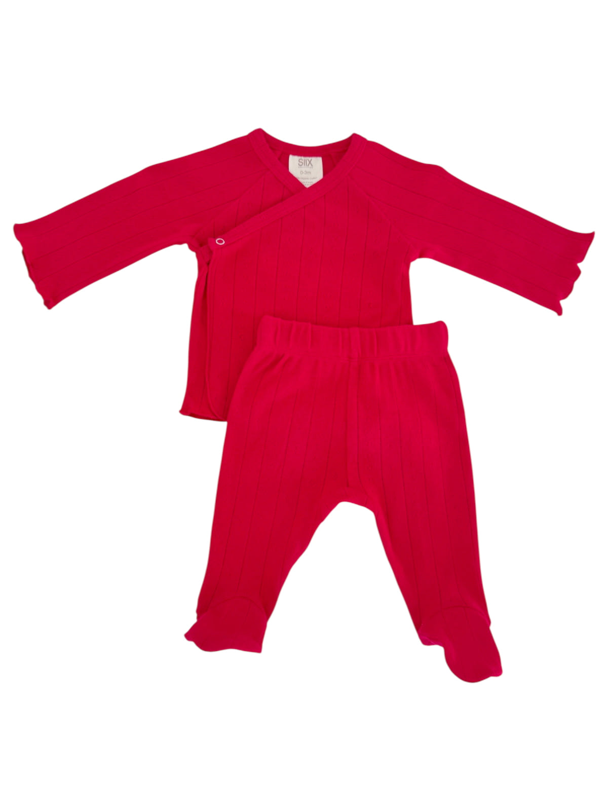 Bright pink baby outfit including a wrap-style top and matching pants, featuring ribbed texture and flared cuffs.