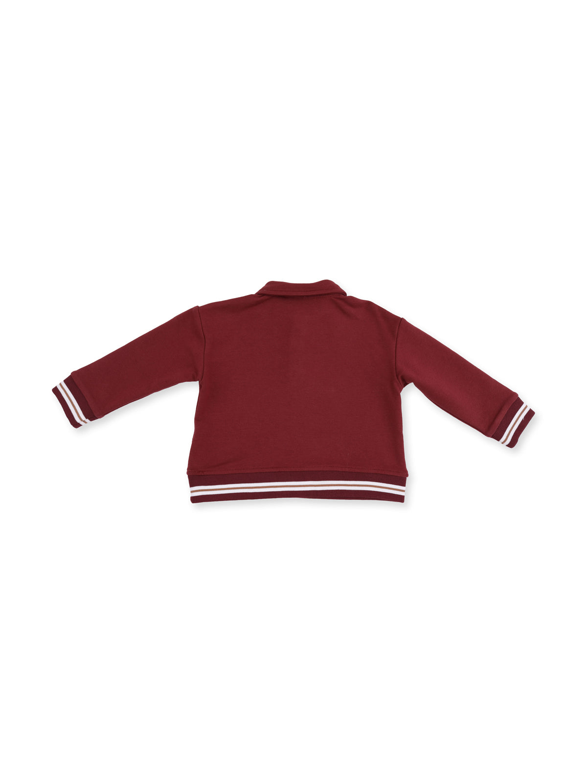 Back view of a maroon jacket with white striped cuffs and hem.