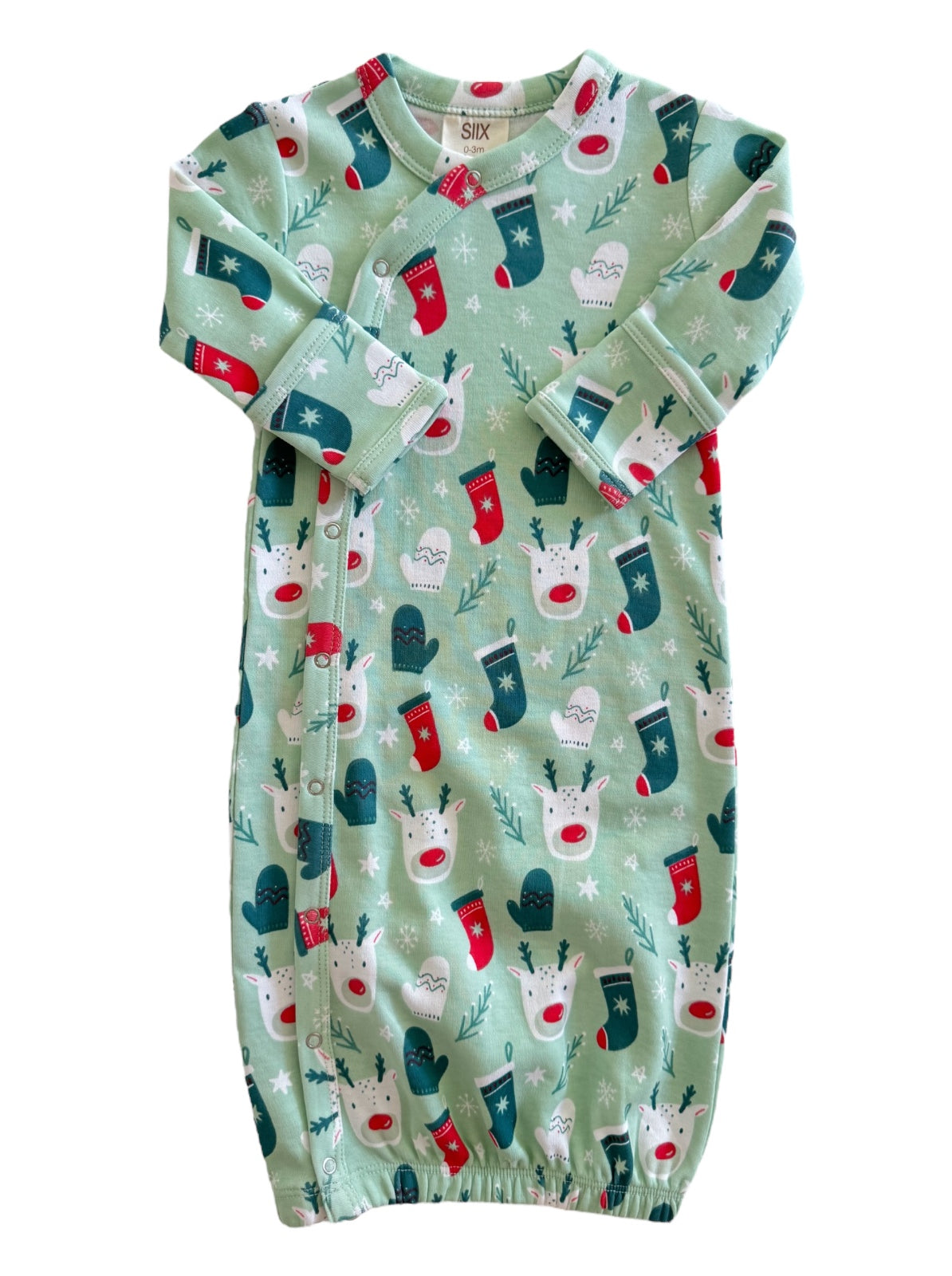 Mint green baby sleeper with reindeer and holiday mittens pattern, perfect for festive occasions.