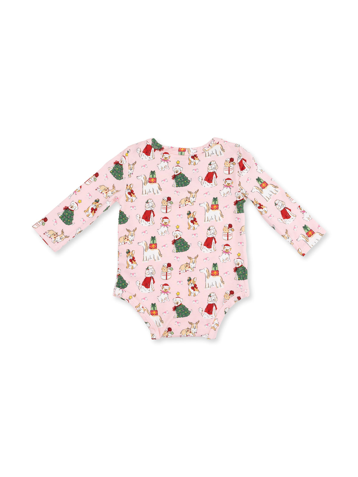 Long-sleeve baby bodysuit in pink with colorful holiday-themed illustrations of children and animals.