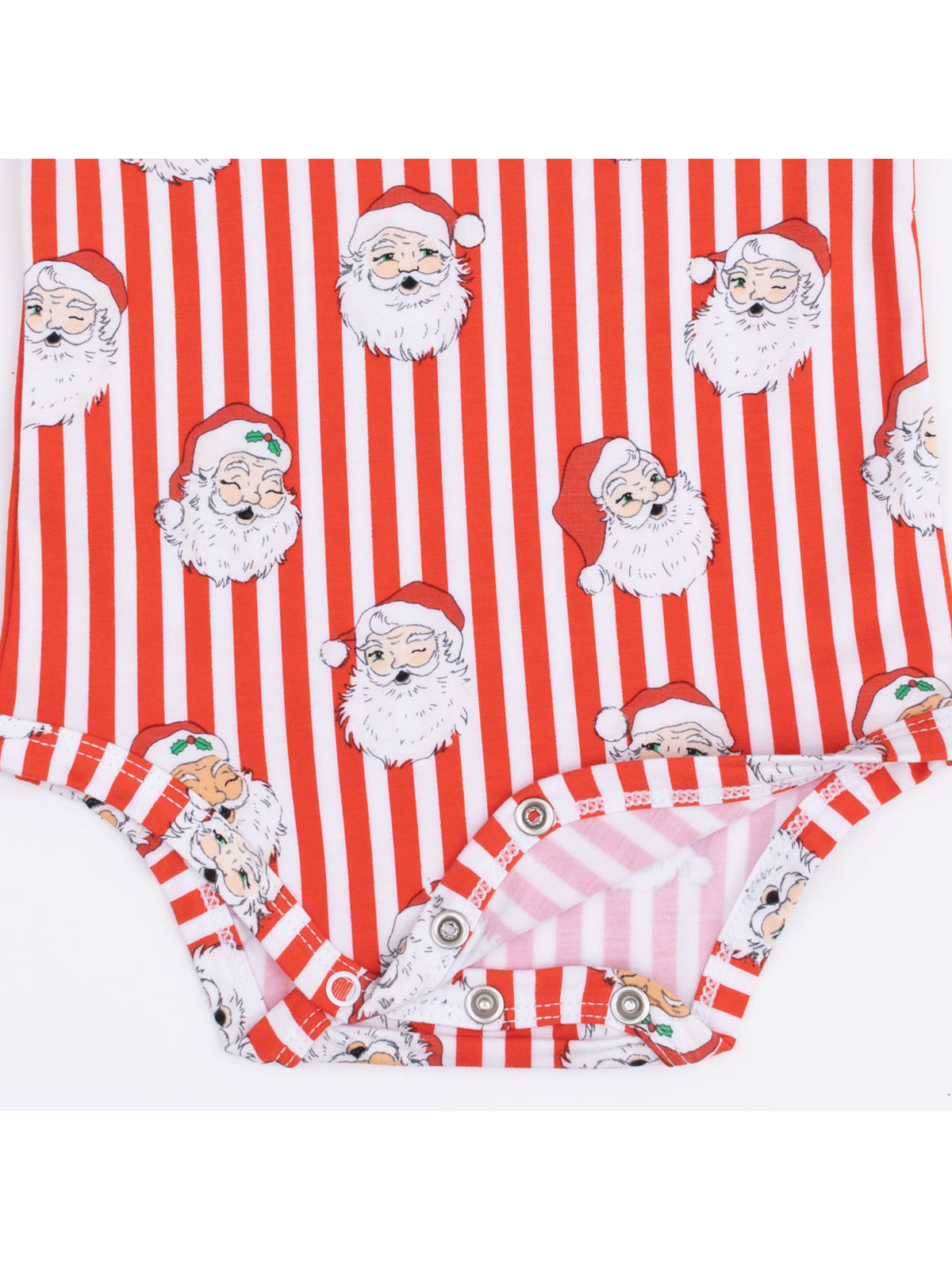 Red striped onesie featuring playful Santa Claus illustrations in various expressions.