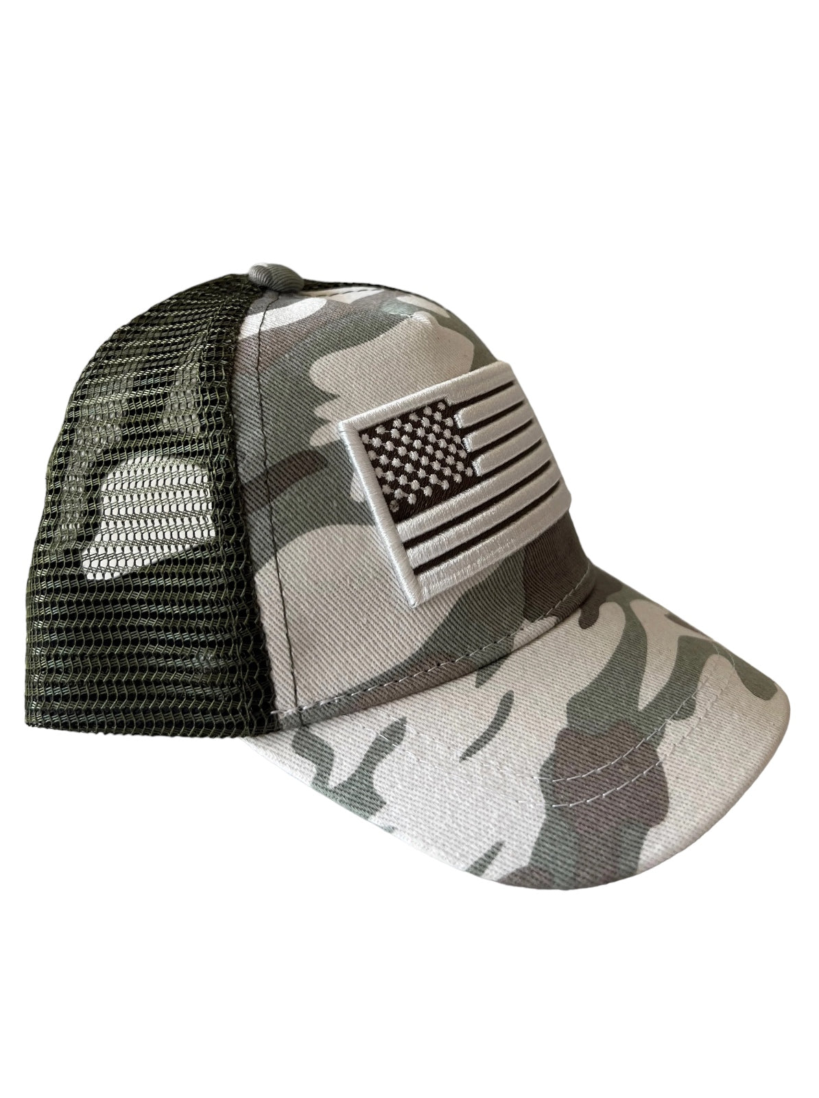Camo baseball cap with an American flag patch, featuring a mesh back and curved brim.