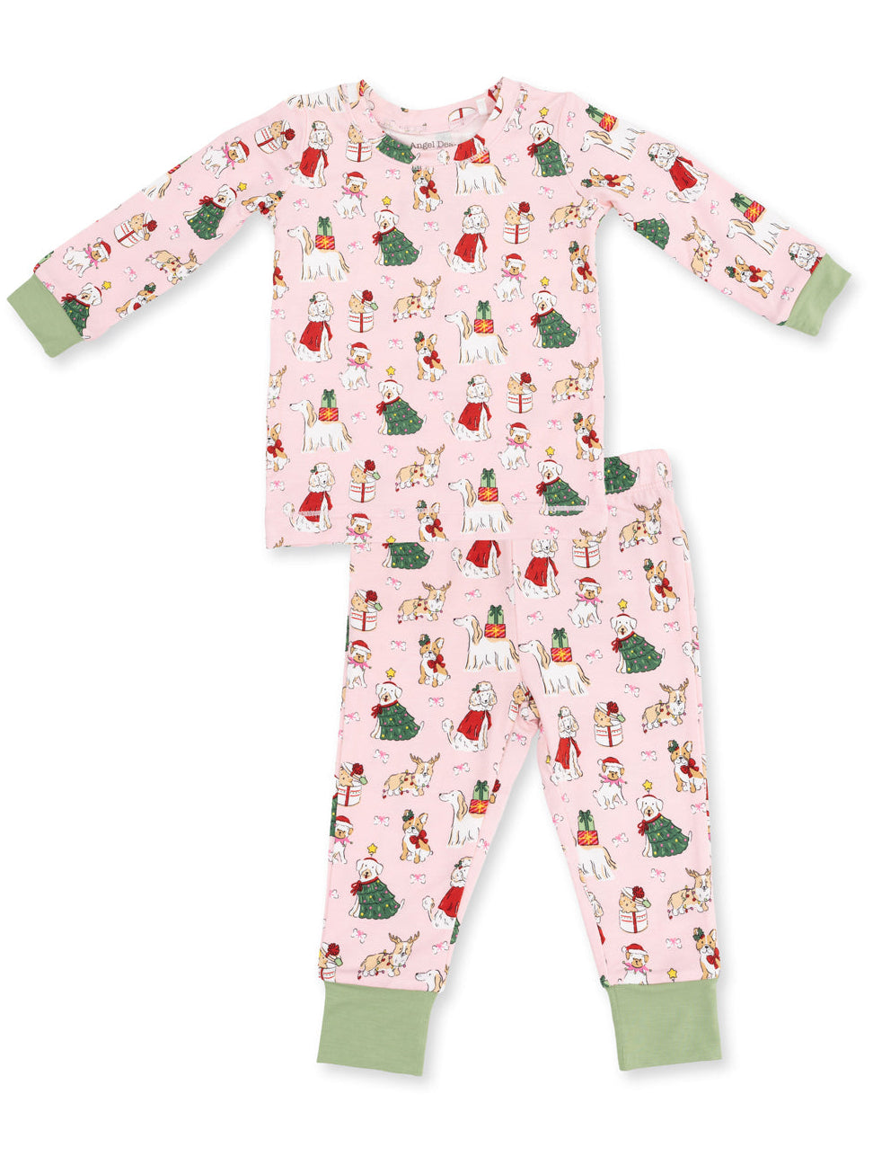 Pink toddler pajamas featuring festive animal and holiday designs, with green cuffs on the sleeves and pants.