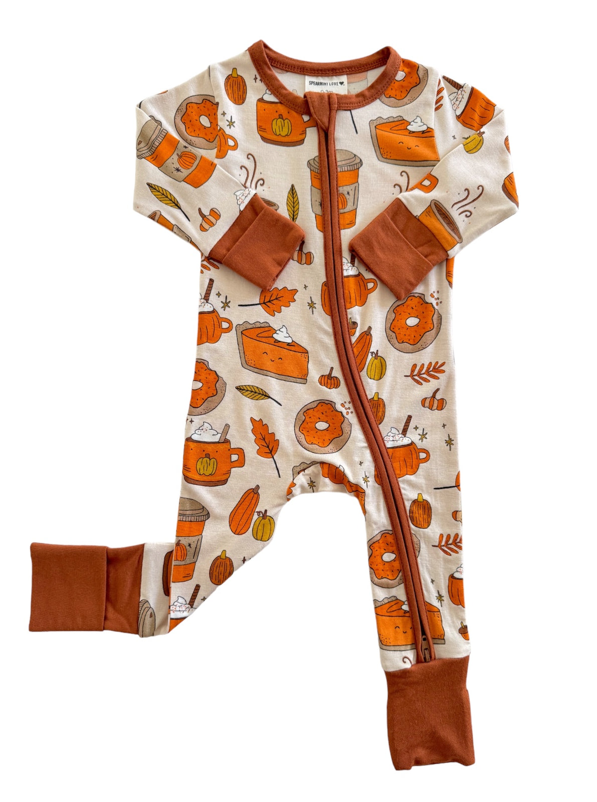 Baby onesie with a fall-themed print featuring pumpkins, coffee, pie, and donuts in warm colors.