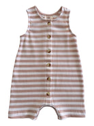 Striped pink and white sleeveless onesie featuring buttons down the front and a ribbed texture.