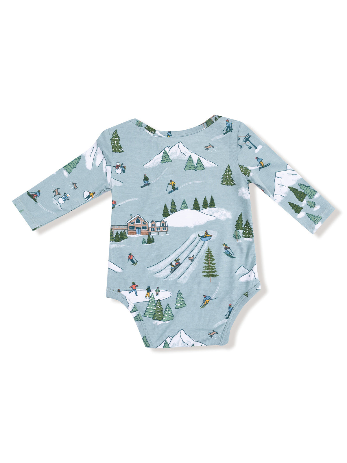 Ski-themed baby onesie with mountains, trees, and skiing illustrations in a light blue color.