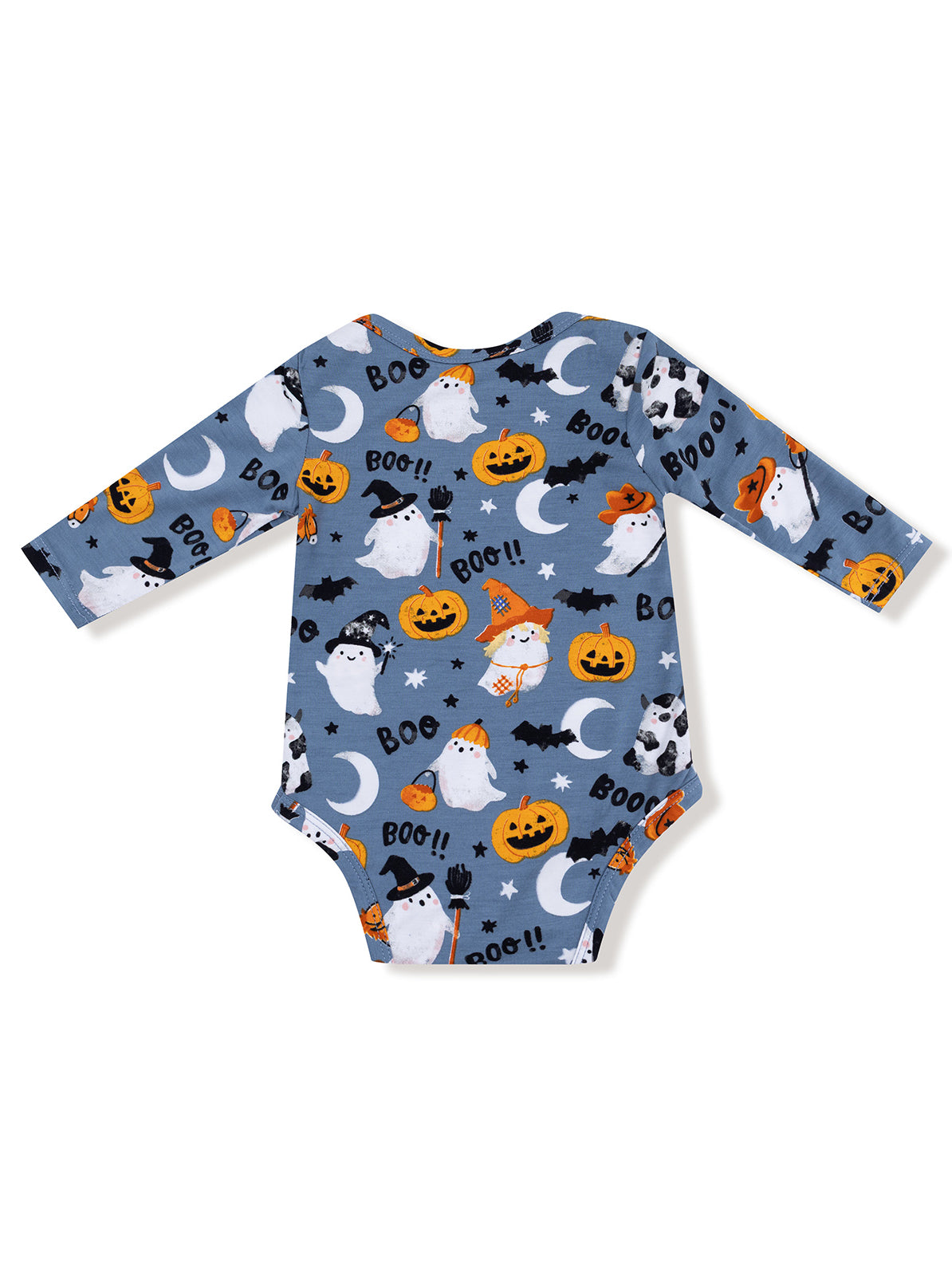 Halloween-themed baby bodysuit with ghosts, pumpkins, and bats on a blue background. Long sleeves and playful design.