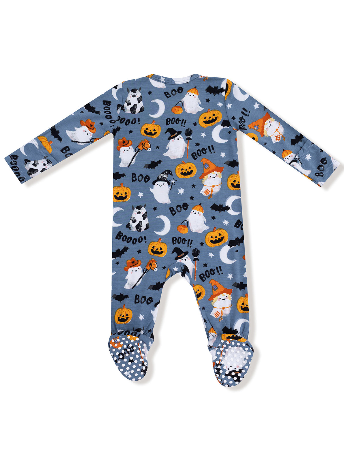 Children's Halloween pajamas featuring ghosts, pumpkins, and bats on a blue background.