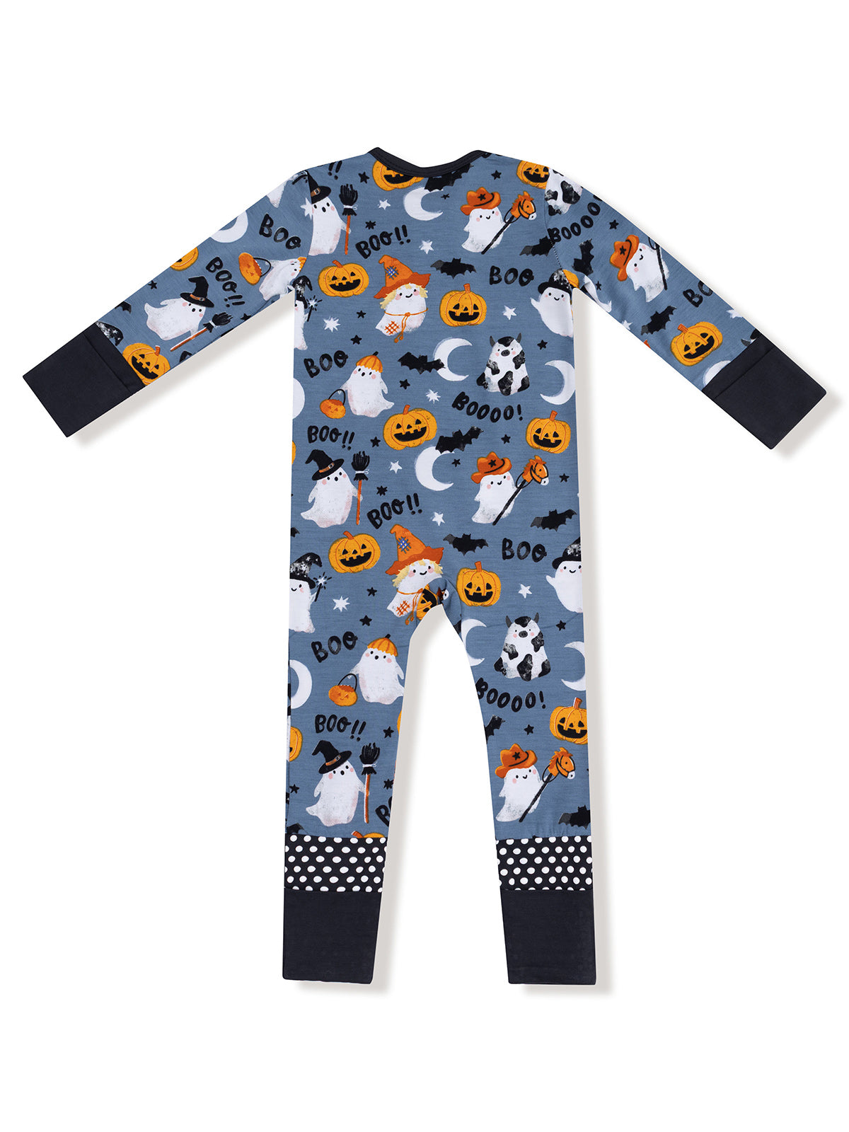 Blue Halloween-themed pajamas with ghosts, pumpkins, and bats in a playful pattern.