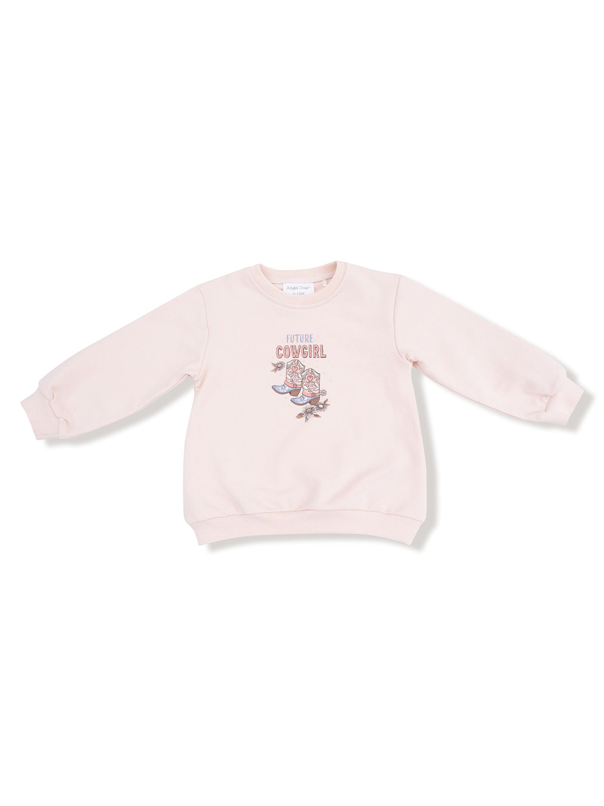 Light pink sweatshirt featuring "Future Cowgirl" graphic design and puffed sleeves. Perfect for casual wear.