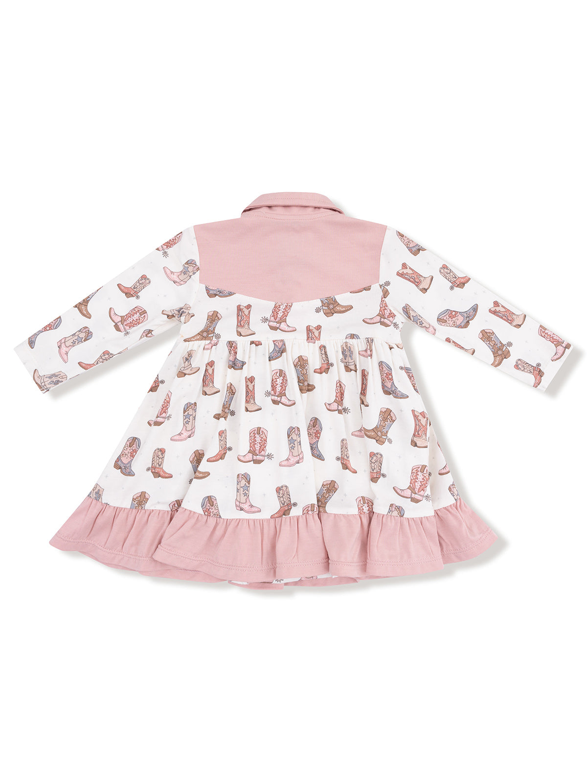 White dress with cowgirl boot pattern and pink collar, featuring ruffled hem. Perfect for playful outings.