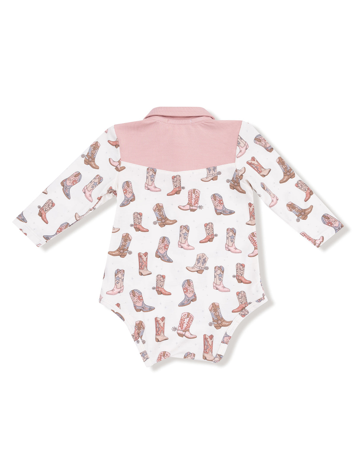 Infant bodysuit with long sleeves, featuring colorful cowboy boot prints and a pink collar.