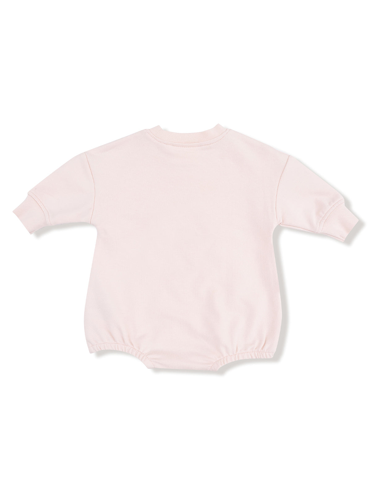 Back view of a pink baby onesie with long sleeves and elasticized bottom hem.