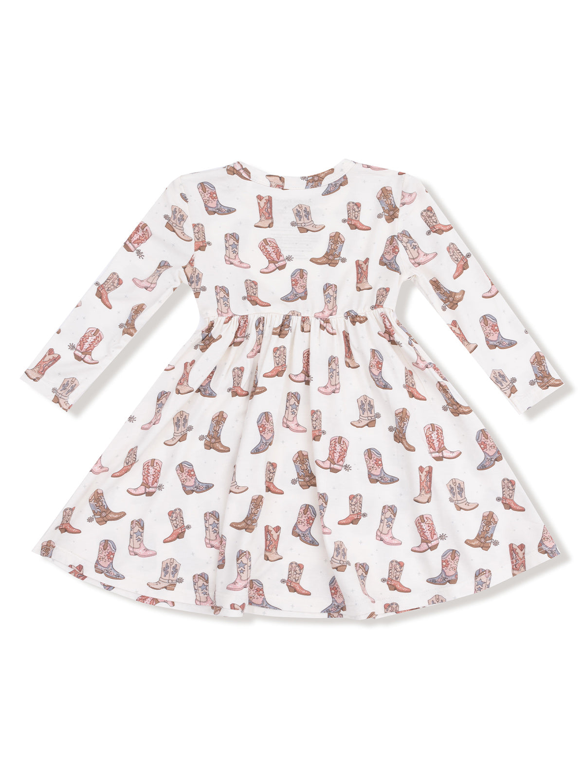 Long-sleeve dress with a playful cowboy boot print on a white background. Ideal for casual wear.