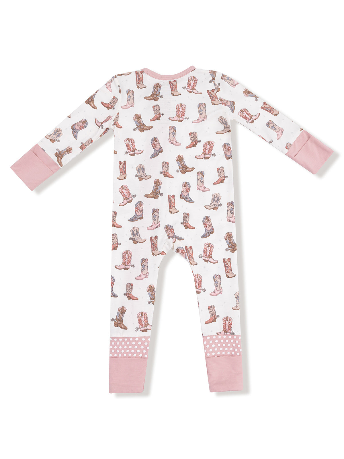 White pajama outfit with pink accents and colorful cowboy boot patterns, viewed from the back.